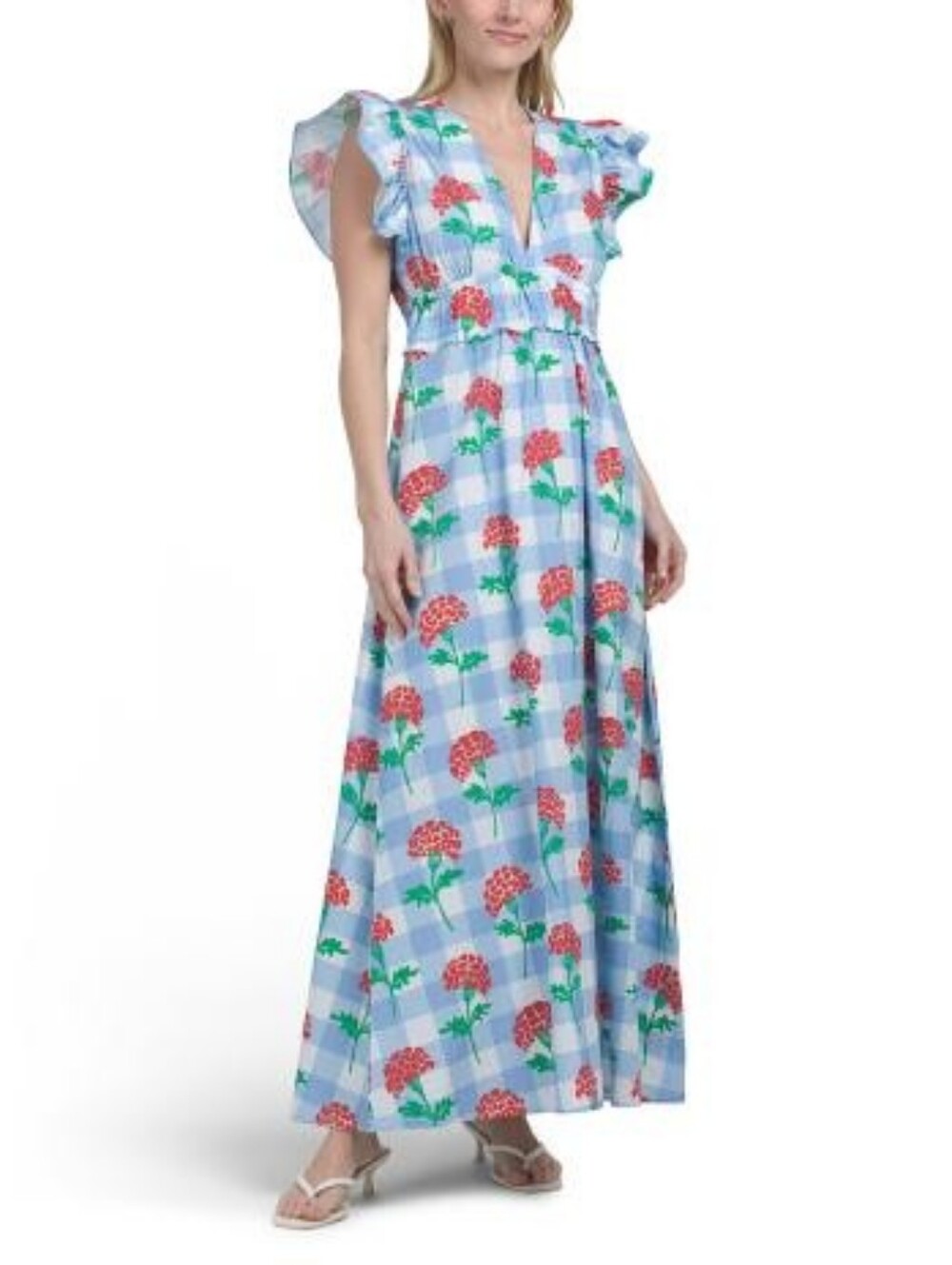 Sail To Savle Blue Gingham Floral Maxi Dress with Ruffle Shoulders NWT